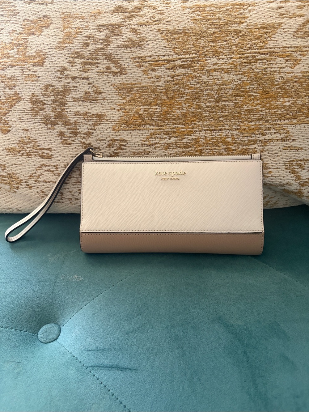 kate spade Two-Tone Cream & Beige Wristlet Clutch with Gold Logo
